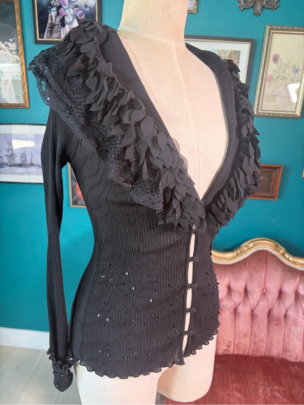Vintage Kaelyn-Max Black Appliqué Sequin Pleated Cardigan Size M